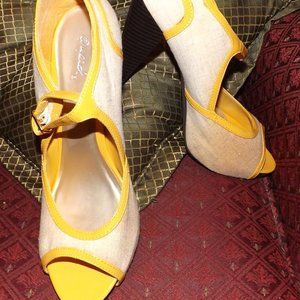 Qupid Yellow and Cream Peep-Toe Heels